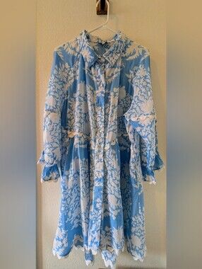 Juliet Dunn London Blue White Floral Shirt Dress Scallop Trim Size 4 US 10
